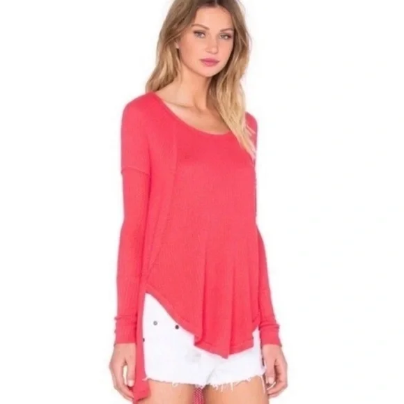 Free People Coral Poppy Red Drippy Ventura Waffle Knit Thermal Top Size XS - Picture 3 of 11